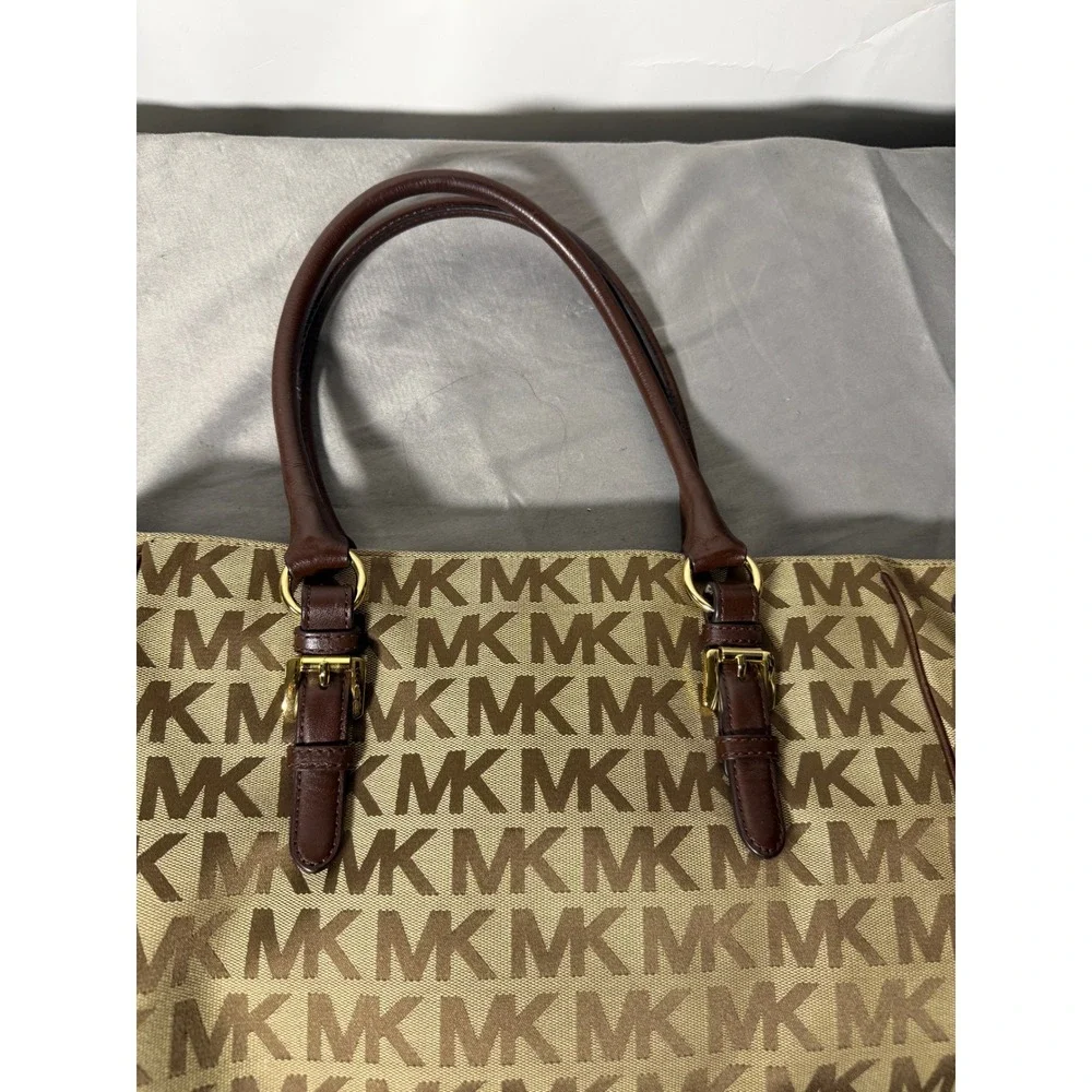 Michael Kors Monogram Jacquard Tote Bag Brown Beige Leather Trim Gold Hardware - Picture 4 of 12